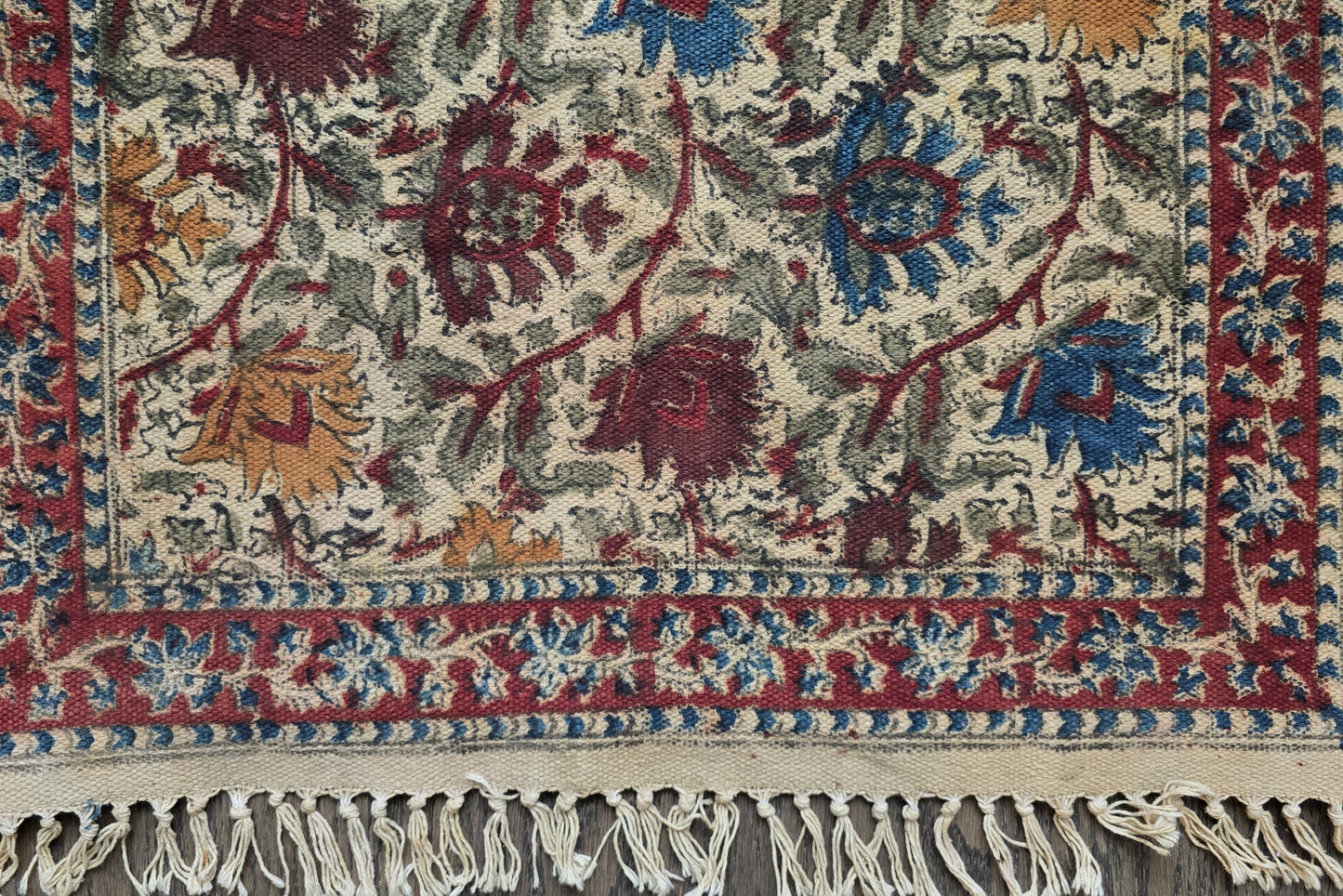 Saanvi - Floral Kalamkari Runner- Handwoven, block printed cotton durrie