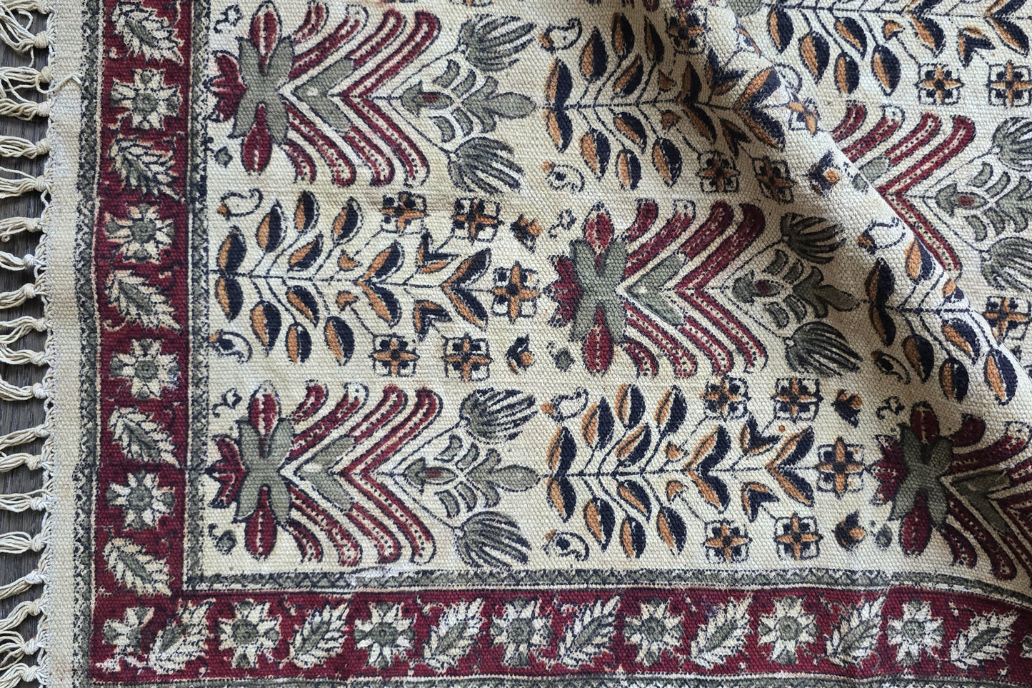 Kala - Floral Kalamkari Runner- Handwoven, block printed cotton durrie