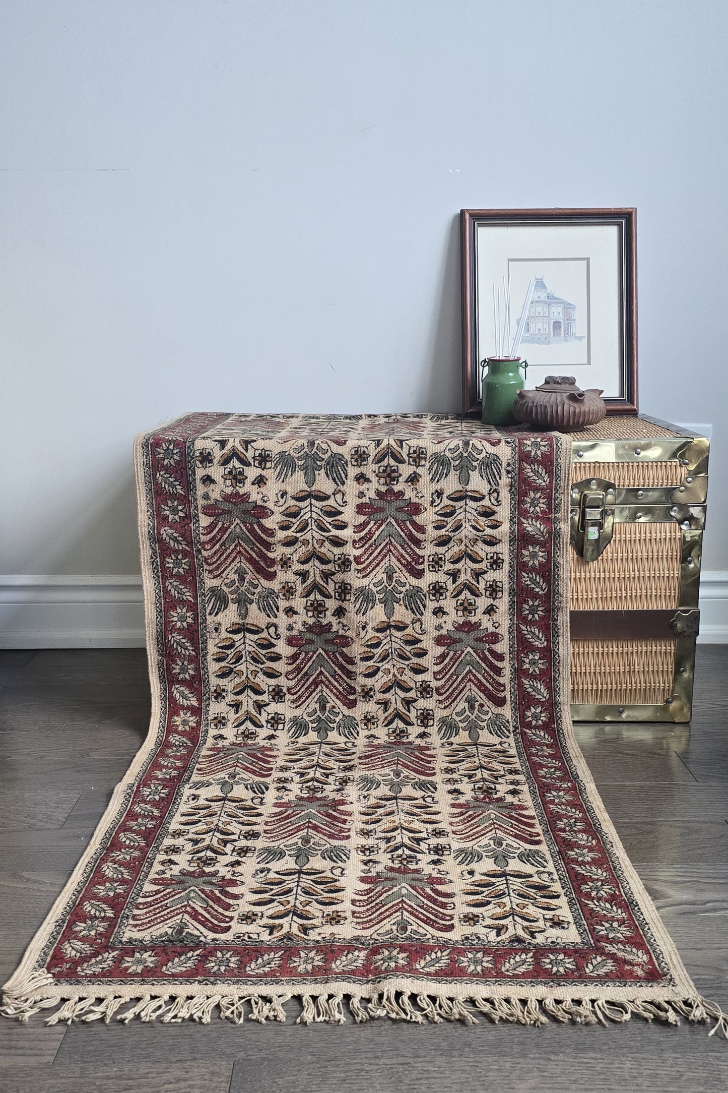 Kala - Floral Kalamkari Runner- Handwoven, block printed cotton durrie