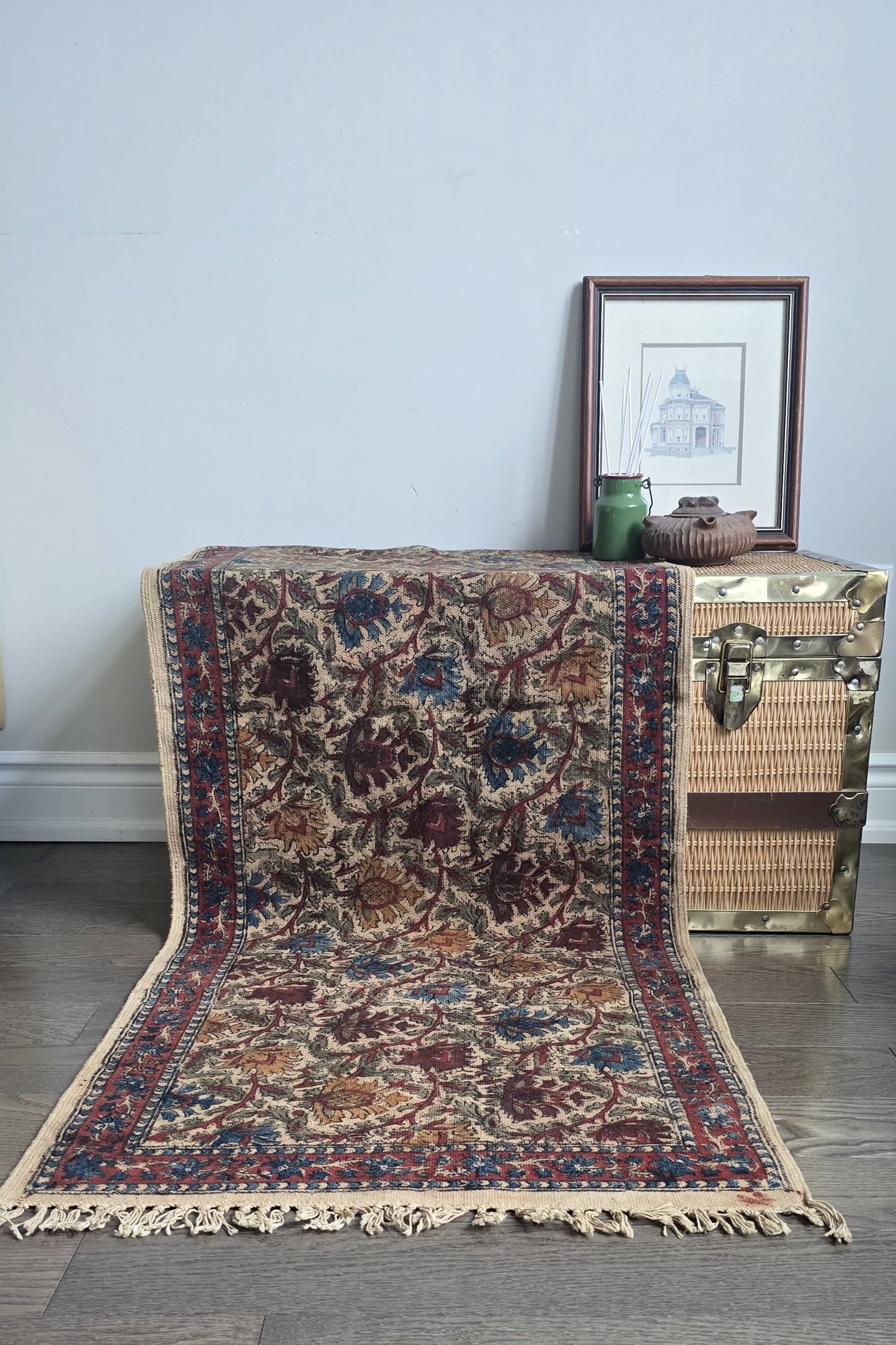 Saanvi - Floral Kalamkari Runner- Handwoven, block printed cotton durrie