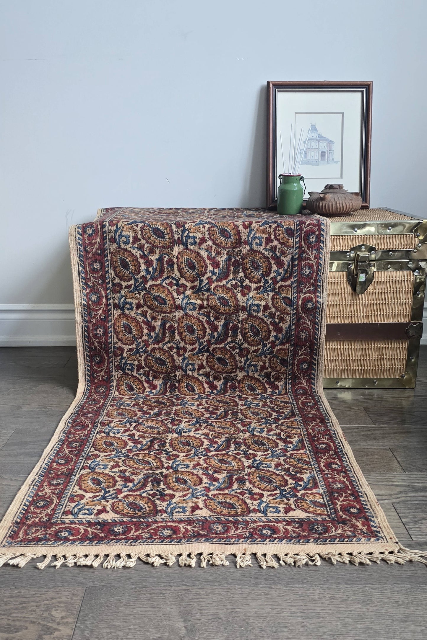 Bhumi Kalamkari Runner- Handwoven, block printed cotton durrie