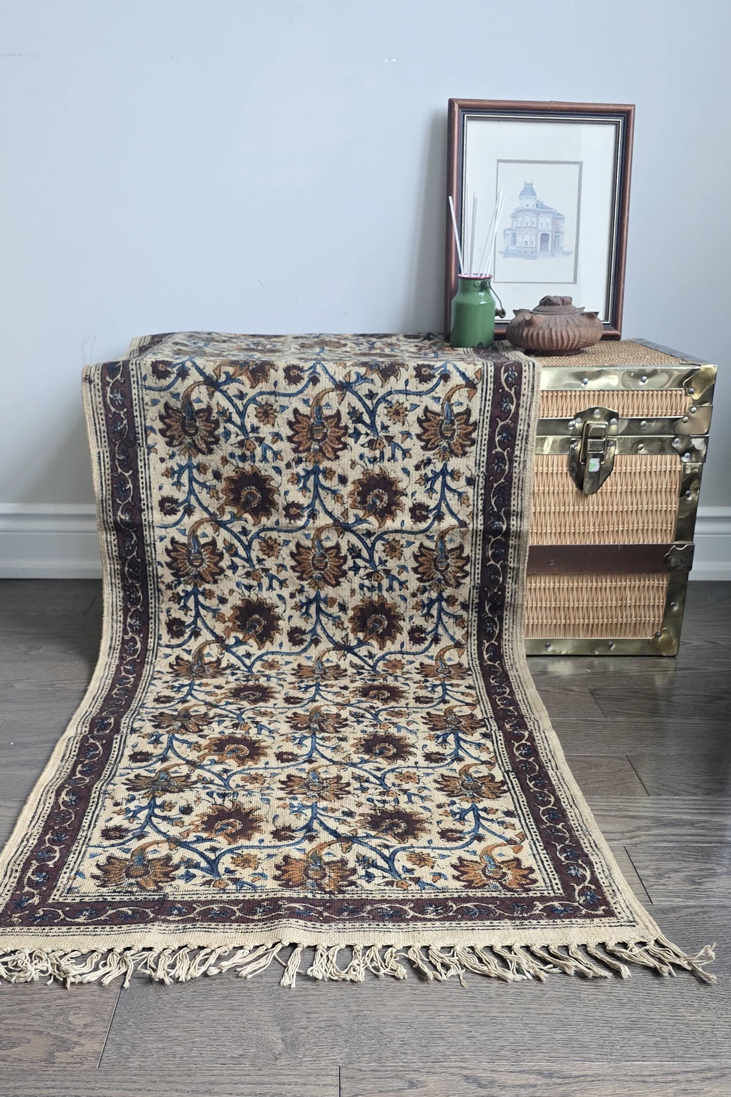 Padma - Floral Kalamkari Runner- Handwoven, block printed cotton durrie