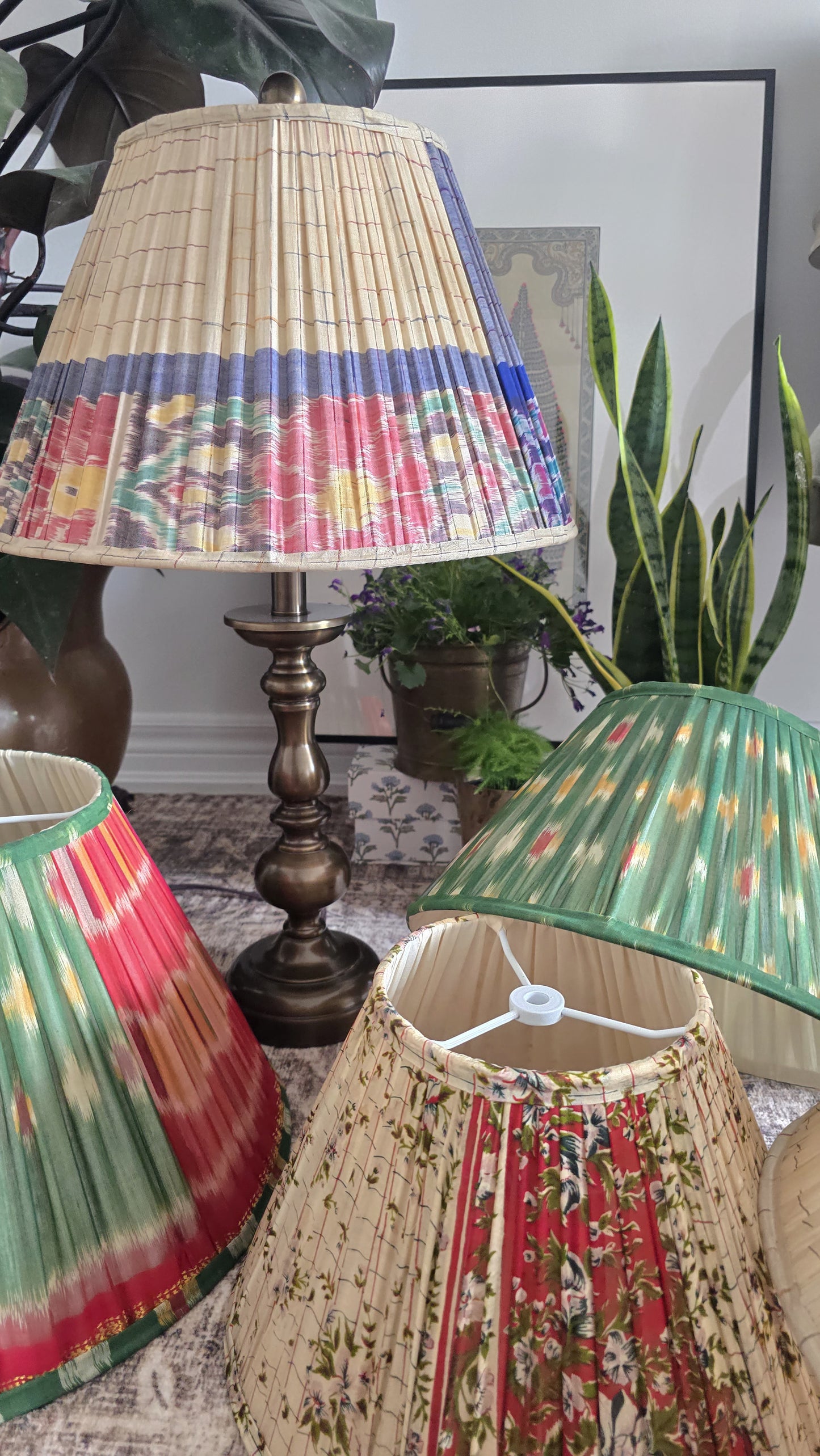 Vintage Sari Beige/Blue Ikat Pleated Empire Lamp Shade
