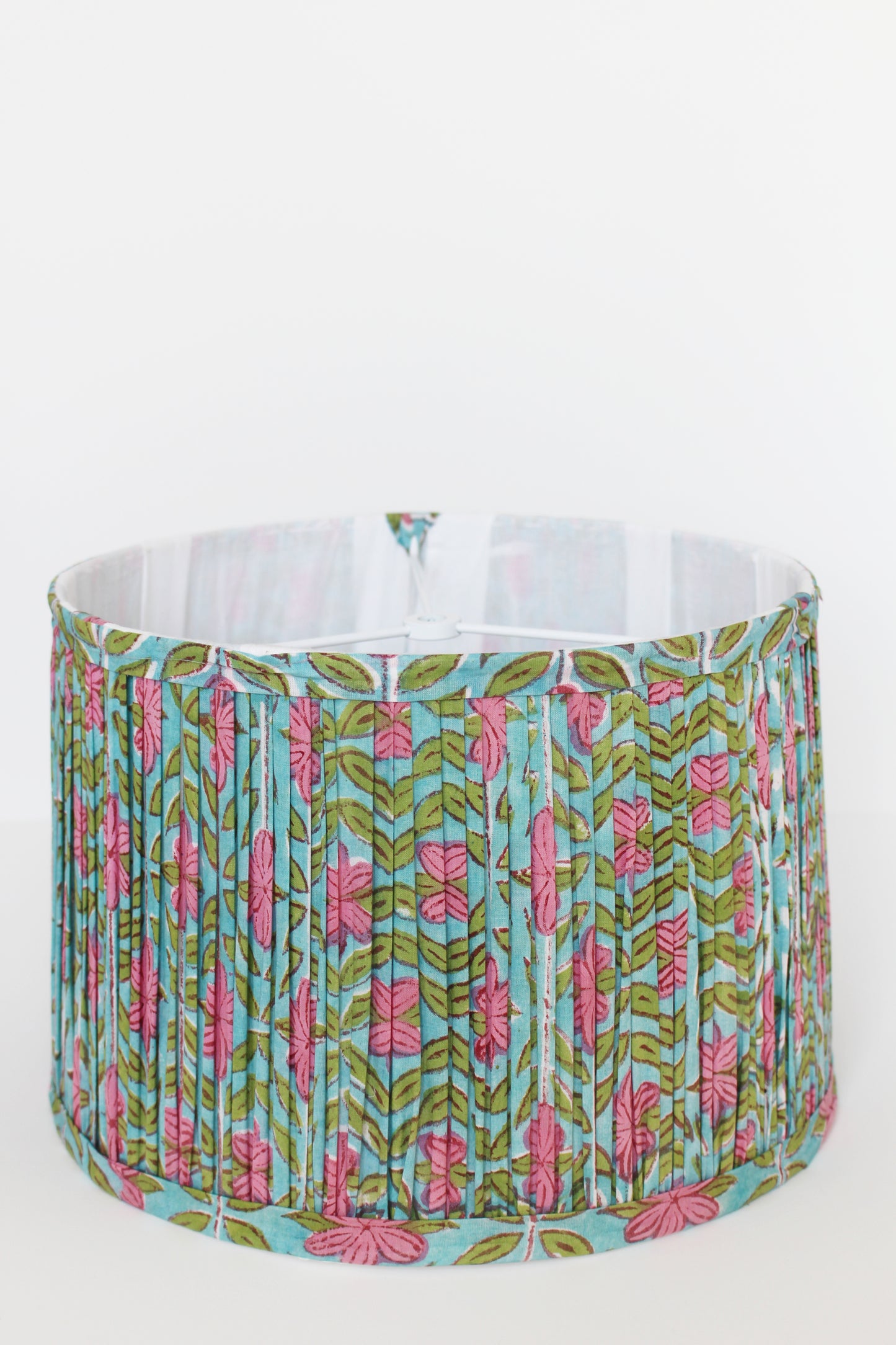 Floral Green Pink Blockprint Pleated Drum Lamp Shade 12"x 8" x 11"