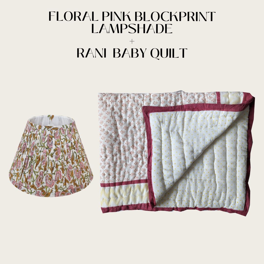 Block printed Rani pink baby quilt and floral pink lampshade (12") combo