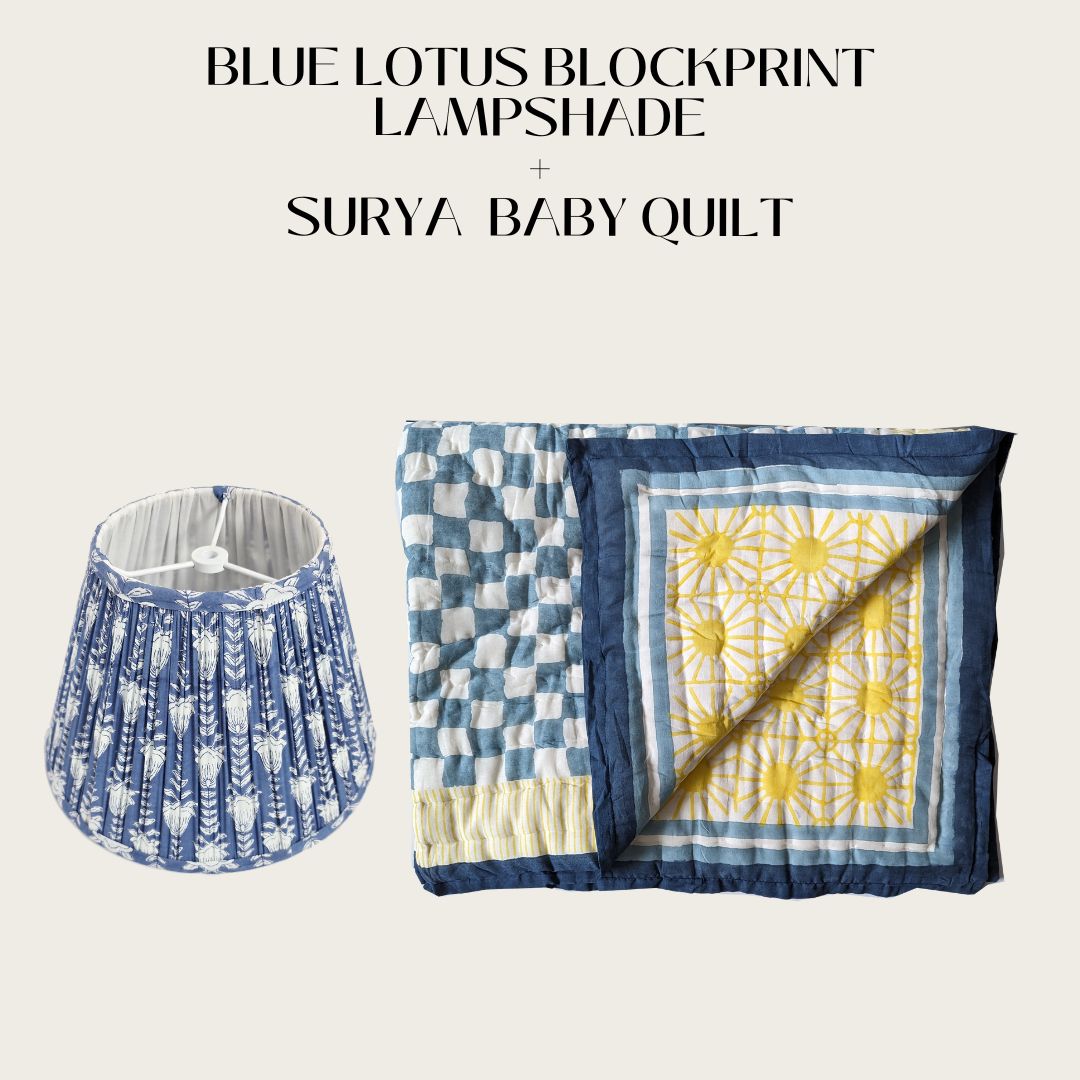 Block printed Surya baby quilt and Blue Lotus lampshade (12") combo