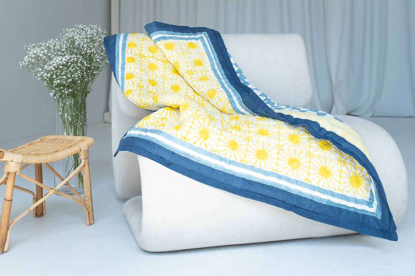 Block printed Surya baby quilt and Blue Lotus lampshade (12") combo