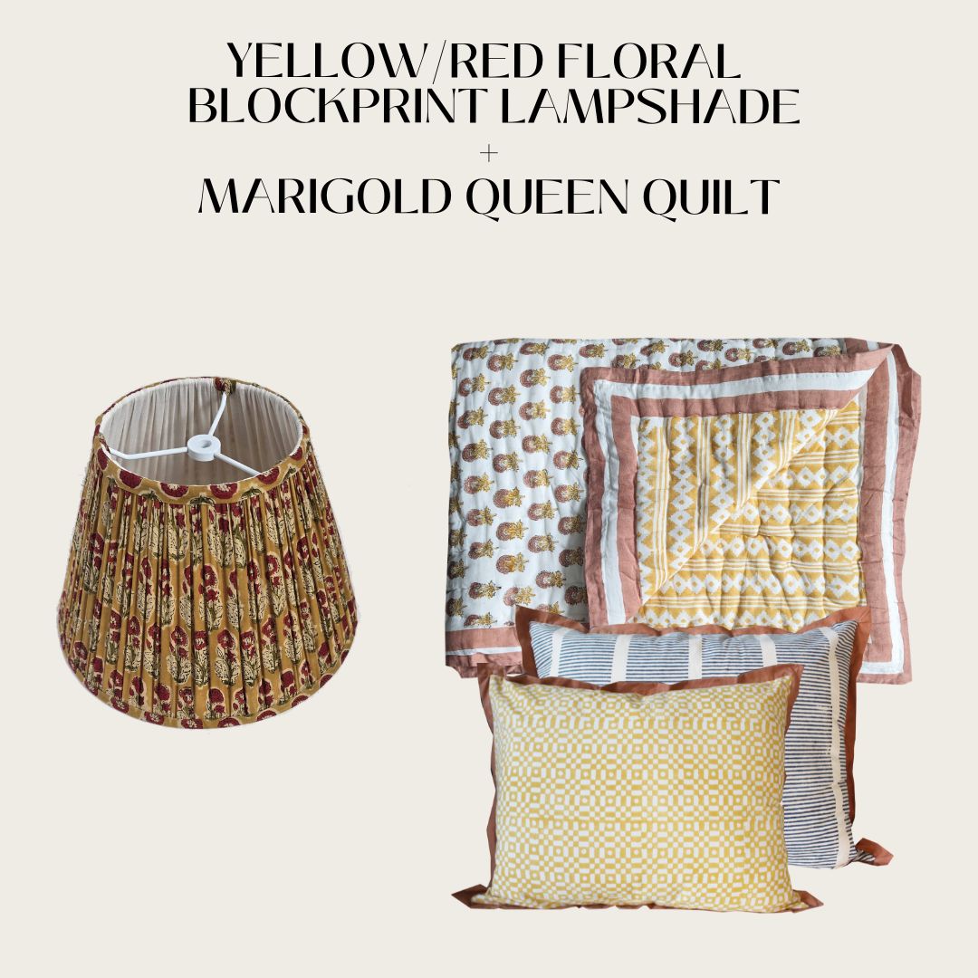 Yellow/Red Floral block printed Lampshade (12") and Marigold Quilt (Queen Size)