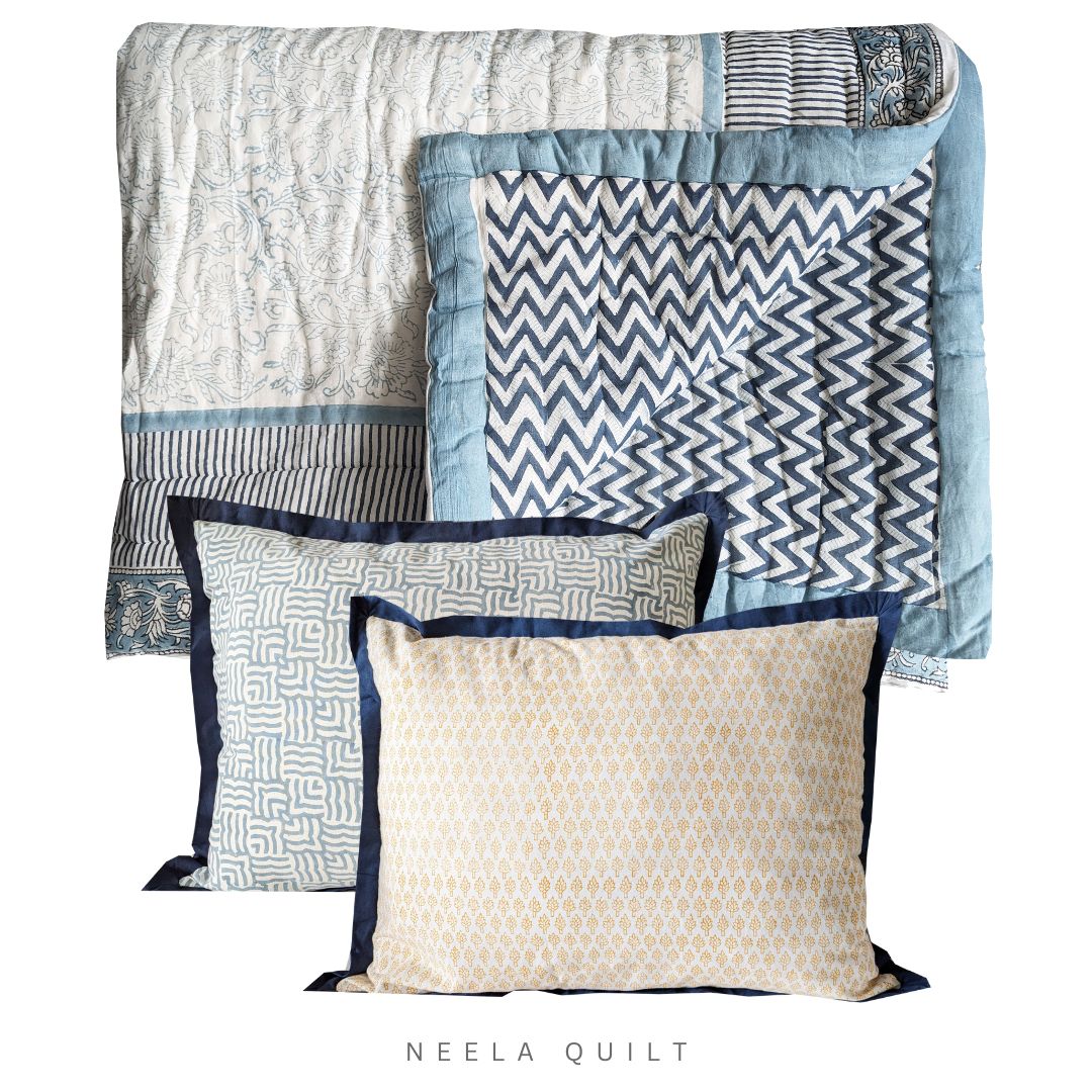 Blue Lotus Block print Lampshade (12") and Neela Quilt (Queen Size) Combo