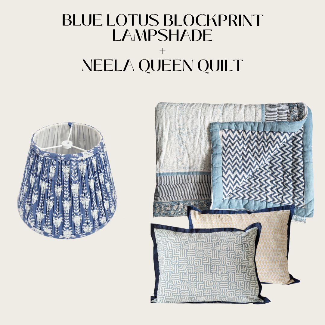 Blue Lotus Block print Lampshade (12") and Neela Quilt (Queen Size) Combo