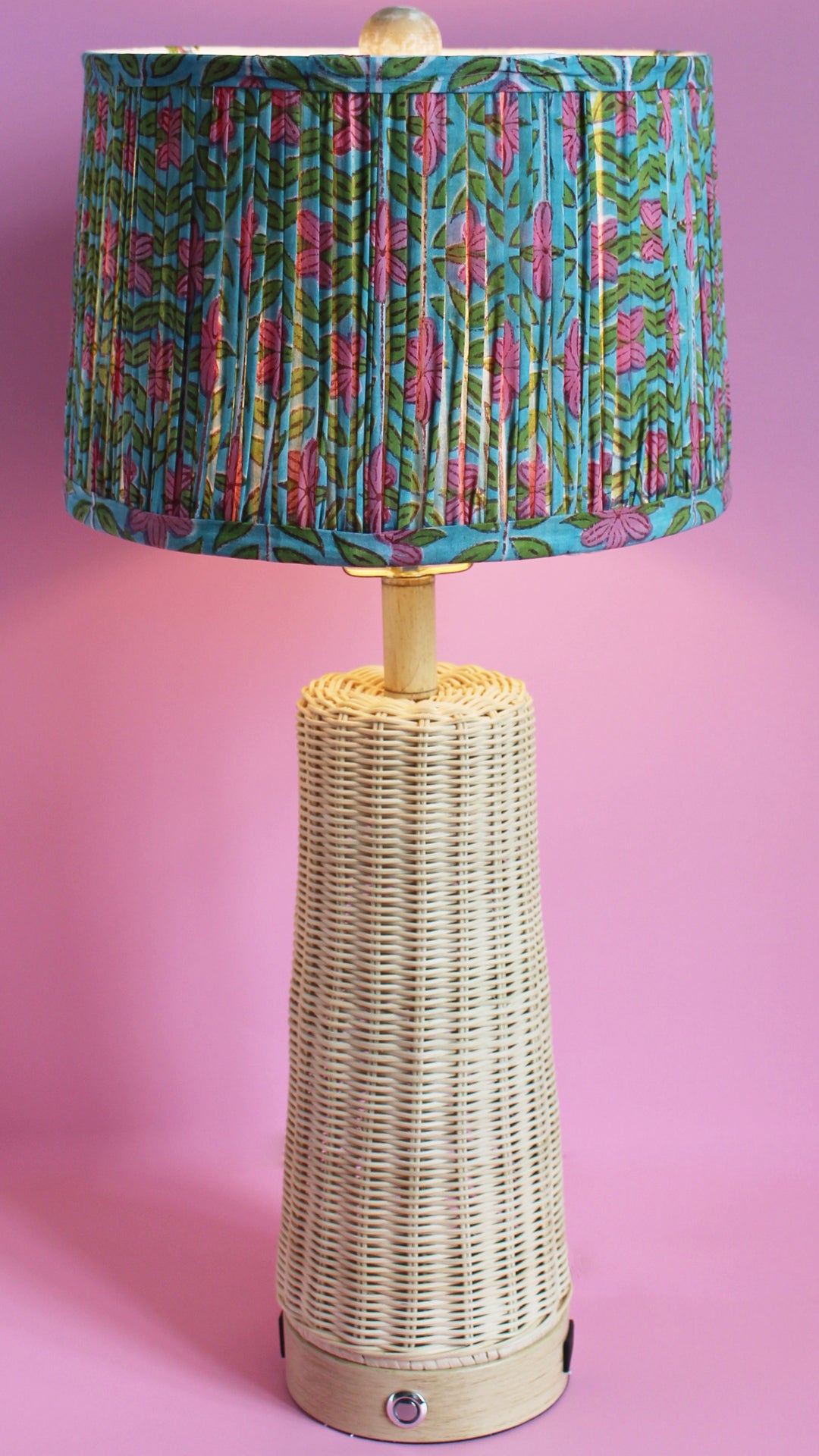 Floral Green Pink Blockprint Pleated Drum Lamp Shade 12"x 8" x 11"