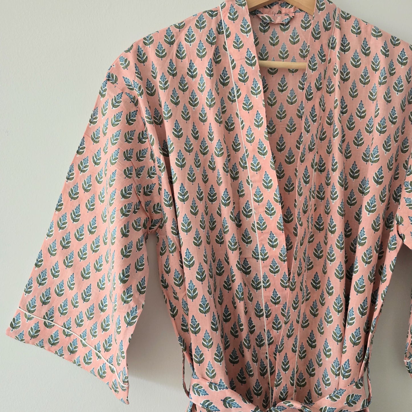Cotton Robe - Blush Pink with Sage Green Floral Print