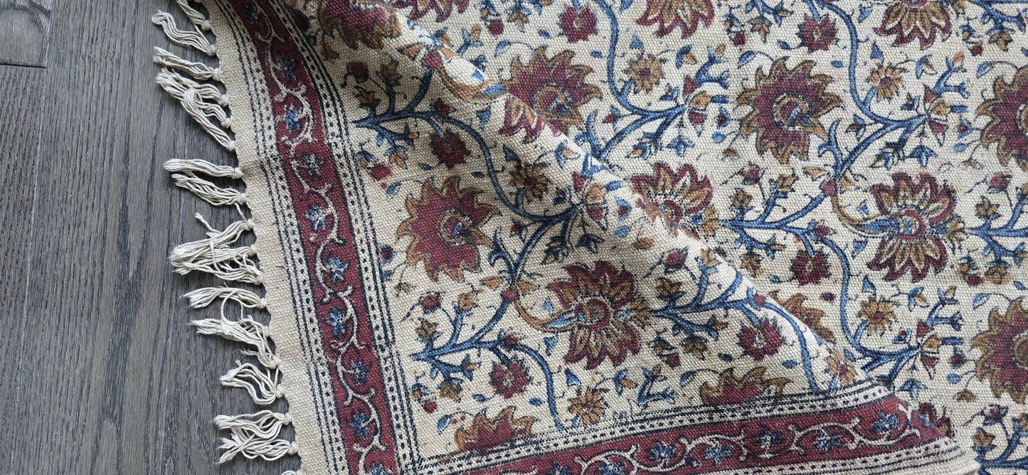 Padma - Floral Kalamkari Runner- Handwoven, block printed cotton durrie
