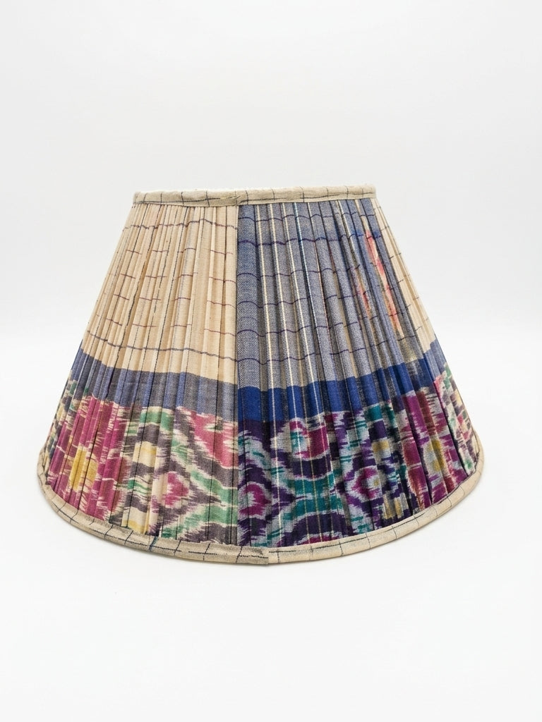 Vintage Sari Beige/Blue Ikat Pleated Empire Lamp Shade