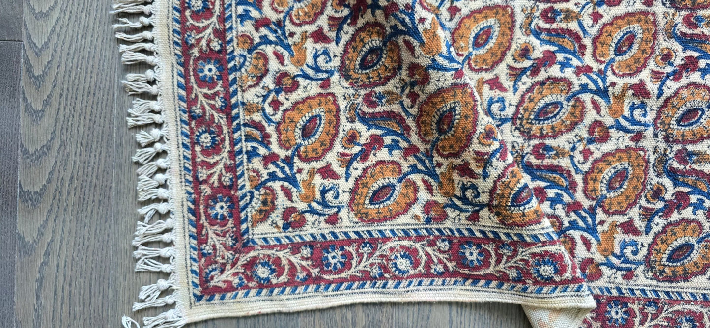Bhumi Kalamkari Runner- Handwoven, block printed cotton durrie