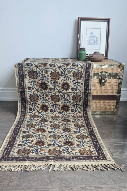 Padma - Floral Kalamkari Runner- Handwoven, block printed cotton durrie