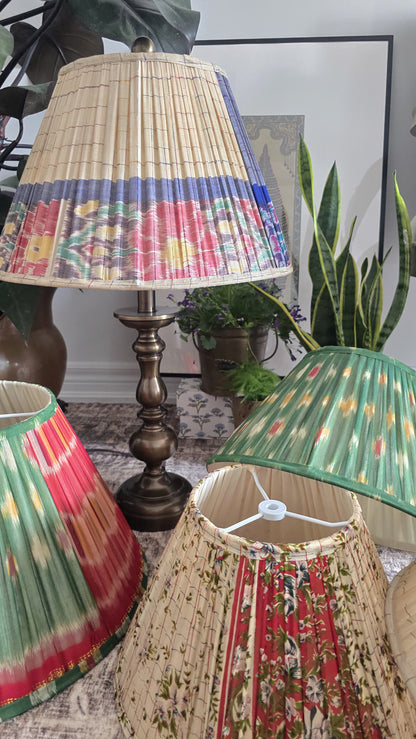 Vintage Sari Beige/Blue Ikat Pleated Empire Lamp Shade