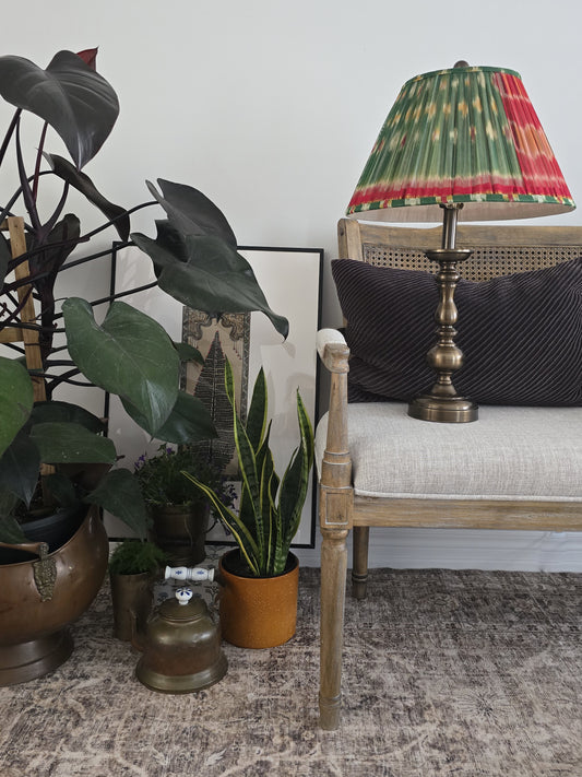 Living room with a lamp, plants, and a sofa.