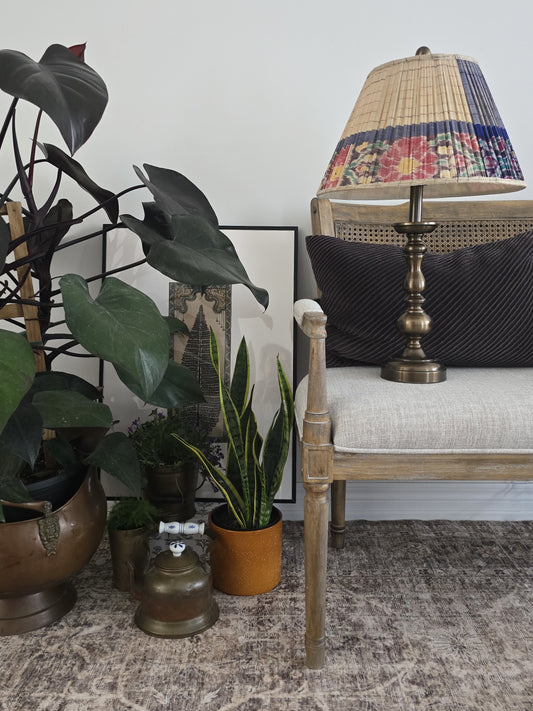 Vintage Sari Beige/Blue Ikat Pleated Empire Lamp Shade