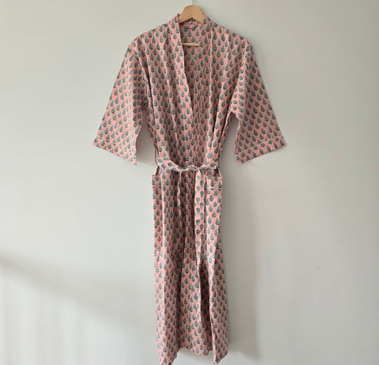 Cotton Robe - Blush Pink with Sage Green Floral Print