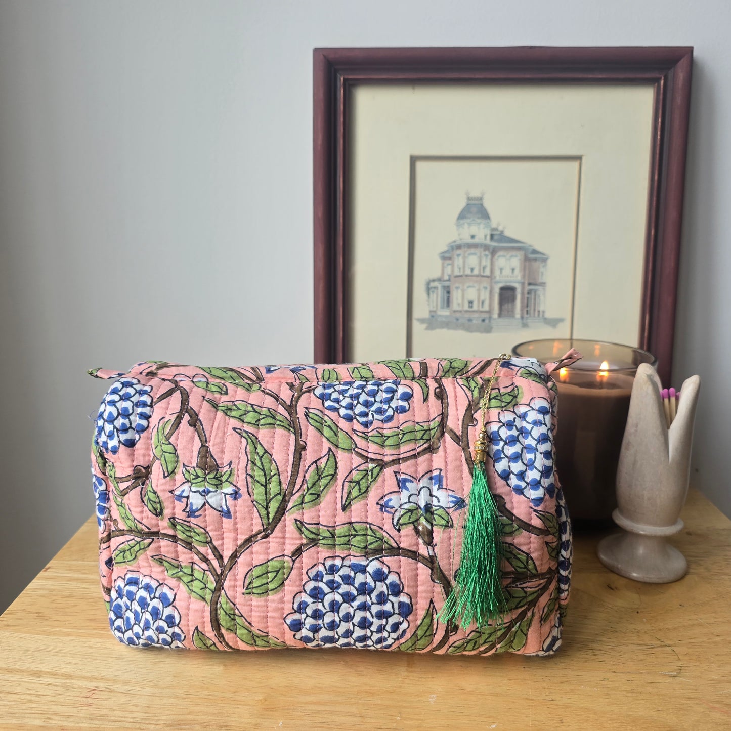 Peach and Blue Floral vanity pouch