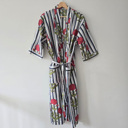 Cotton Robe - Dark Blue & White Stripes with Floral Print