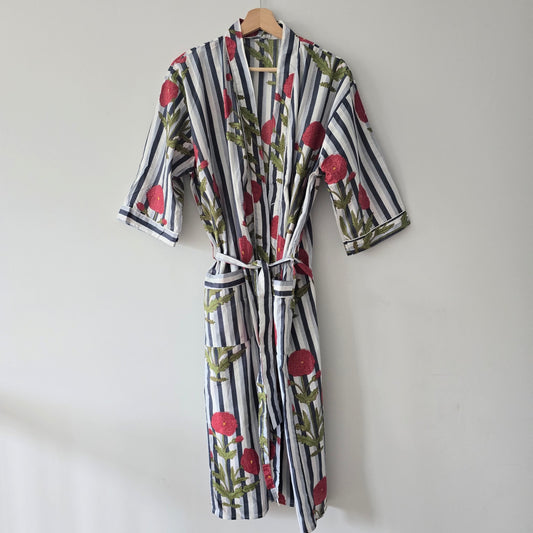 Cotton Robe - Dark Blue & White Stripes with Floral Print