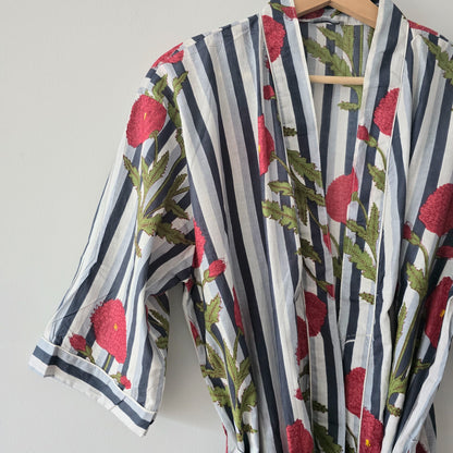 Cotton Robe - Dark Blue & White Stripes with Floral Print