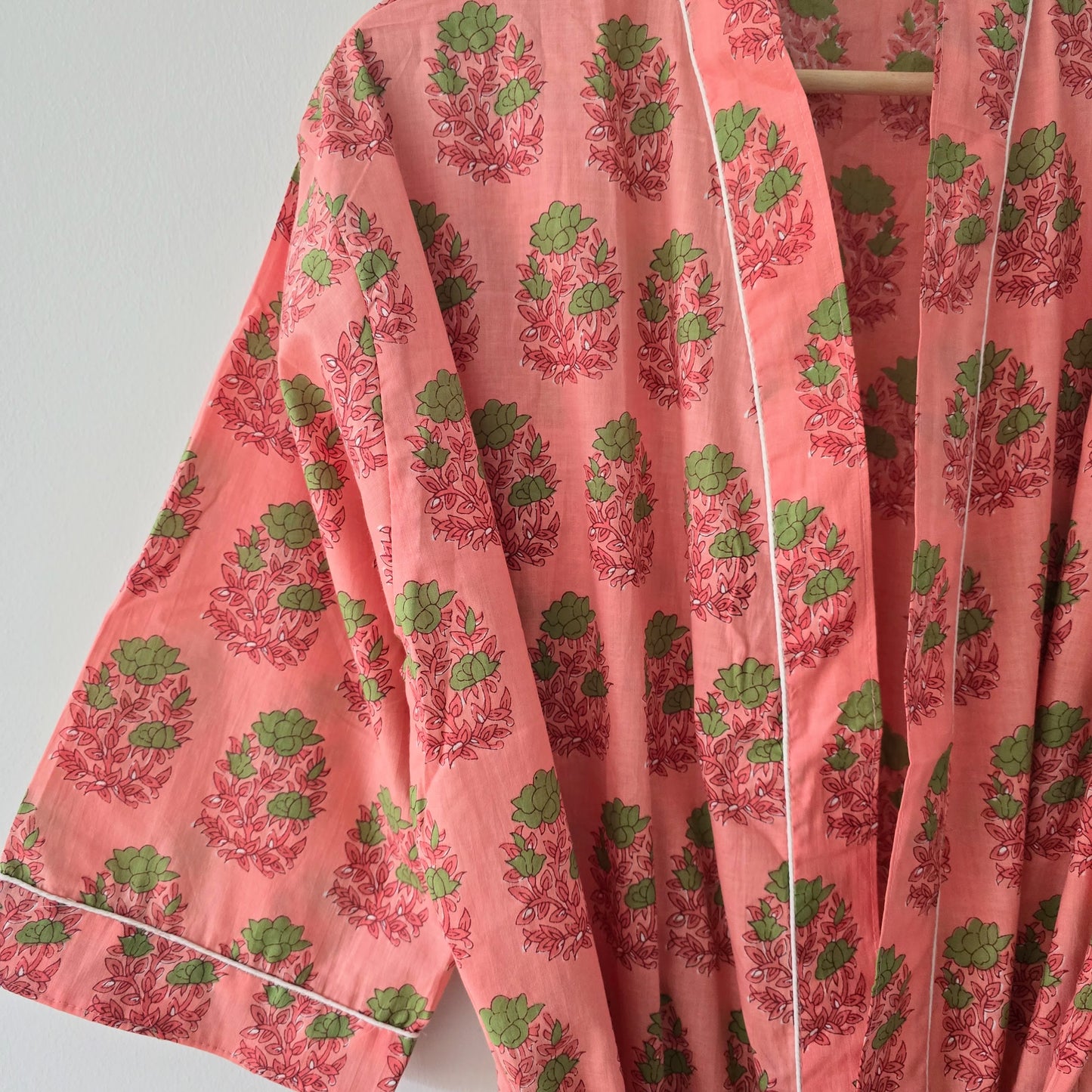 Cotton Robe- Coral Pink with Olive Green Floral Print