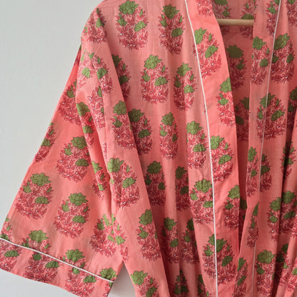 Cotton Robe- Coral Pink with Olive Green Floral Print