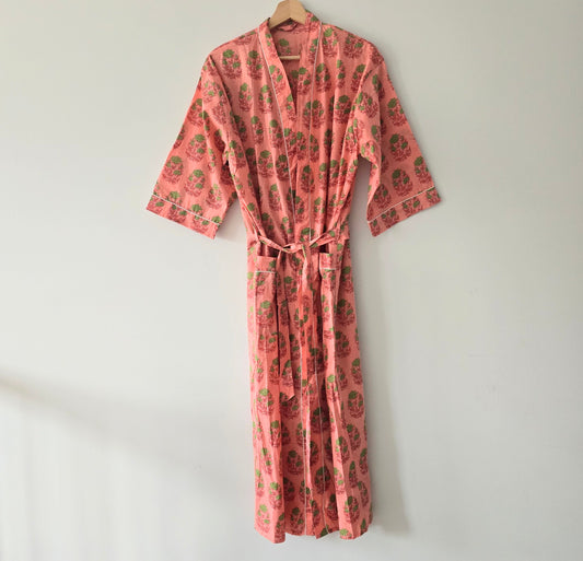 Cotton Robe- Coral Pink with Olive Green Floral Print