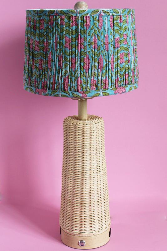 Floral Green Pink Blockprint Pleated Drum Lamp Shade 12"x 8" x 11"