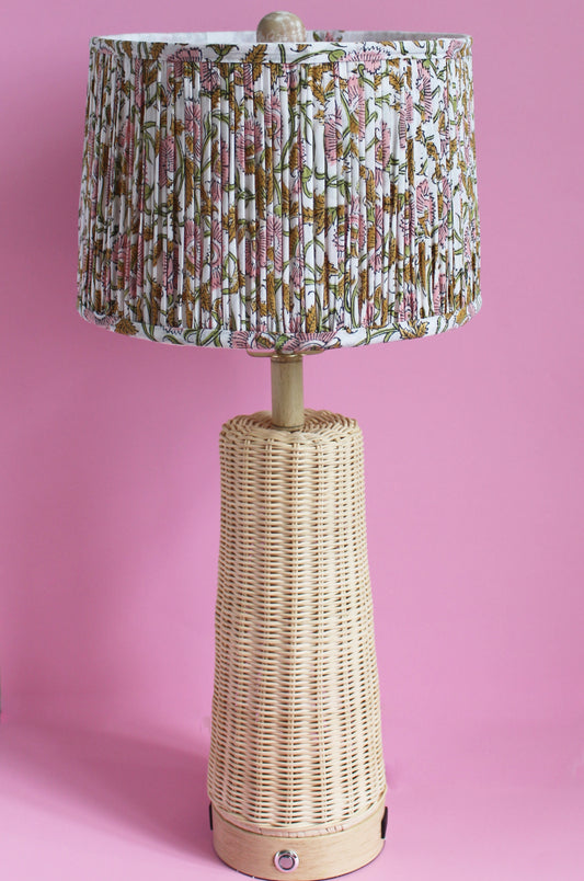Floral pink Blockprint Pleated Drum Lamp Shade 12"x 8" x 11"