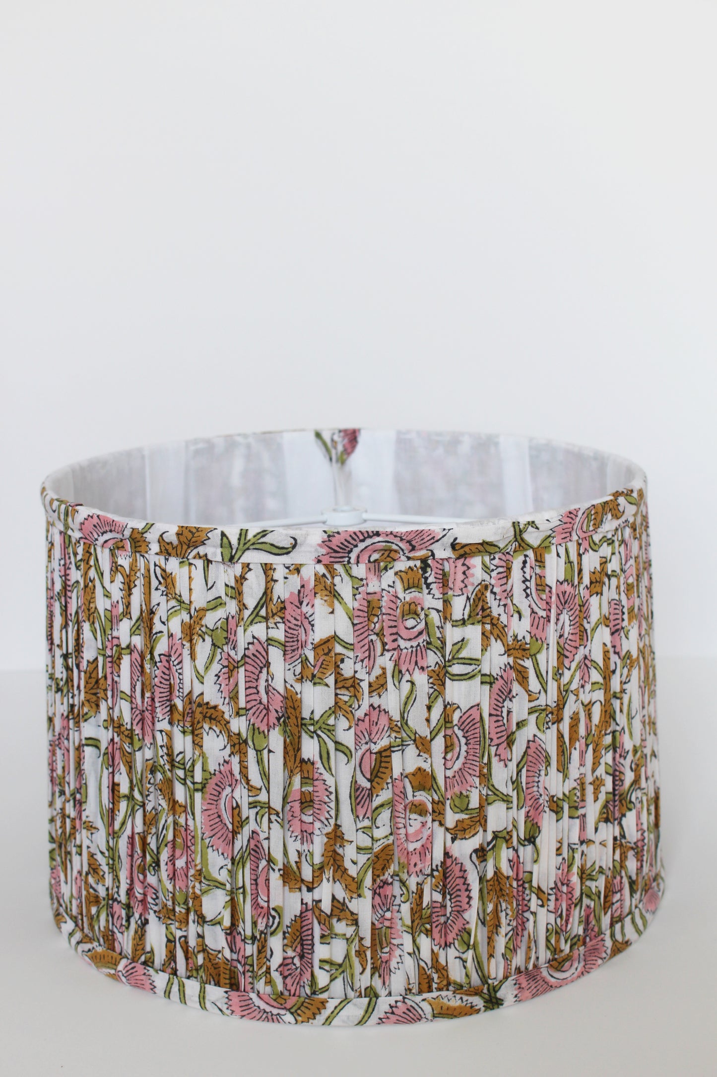Floral pink Blockprint Pleated Drum Lamp Shade 12"x 8" x 11"
