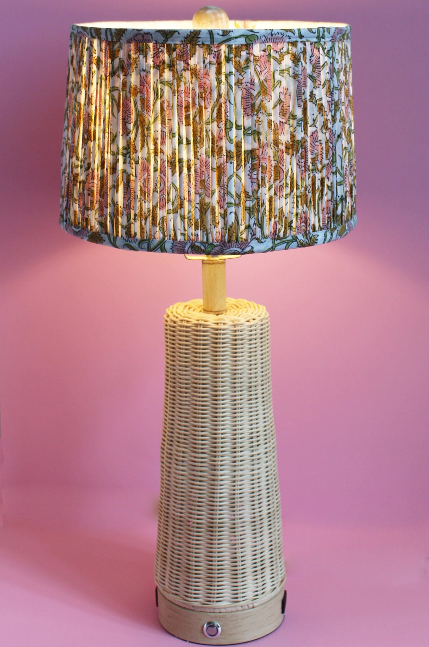 Floral pink Blockprint Pleated Drum Lamp Shade 12"x 8" x 11"