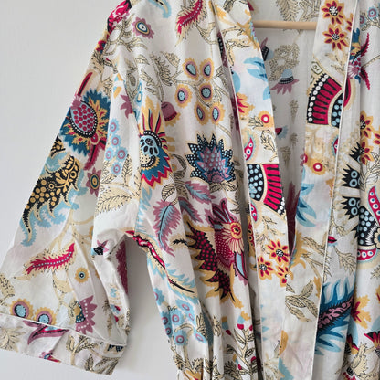 Cotton Robe - White with multicolor Floral Print