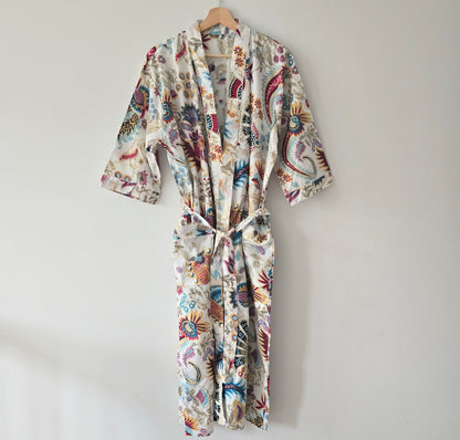 Cotton Robe - White with multicolor Floral Print