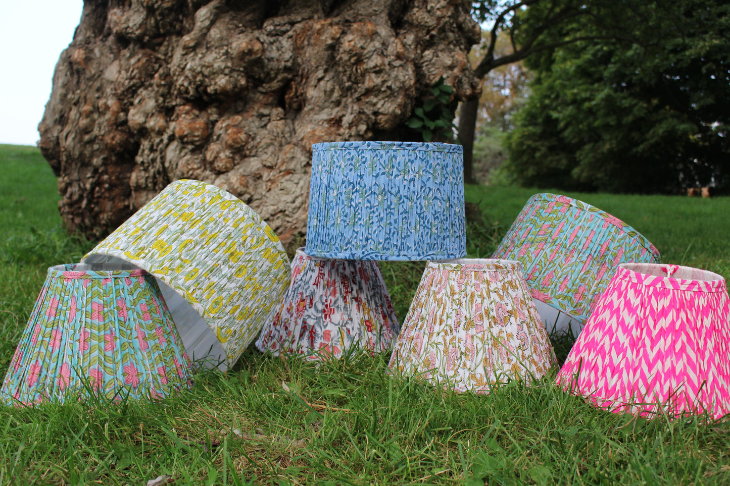 Floral pink Blockprint Pleated Drum Lamp Shade 12"x 8" x 11"