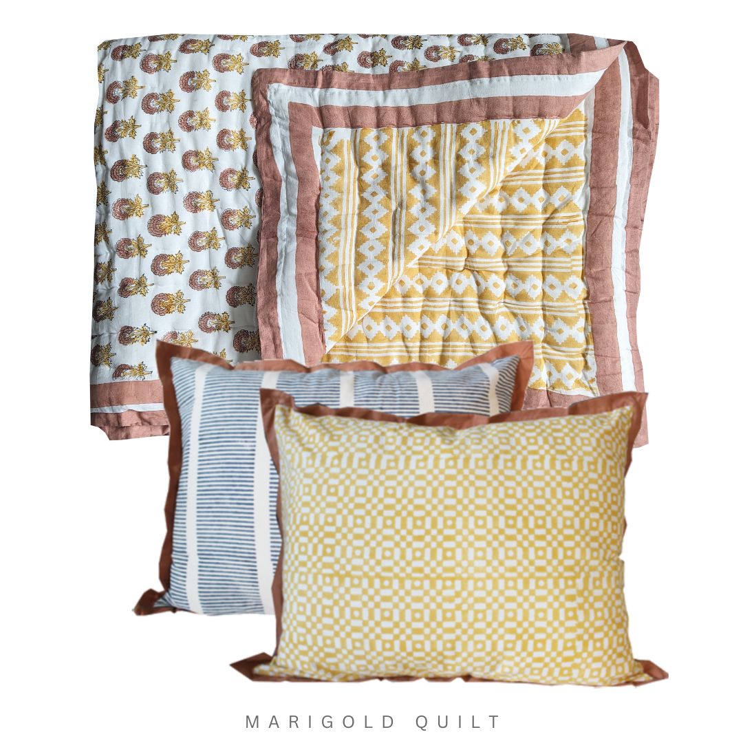 Marigold Quilt - Indian block printed reversible quilt
