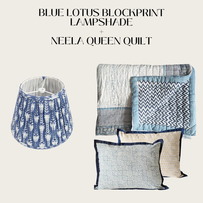 Blue Lotus Block print Lampshade (12")  and Neela Quilt (Queen Size) Combo