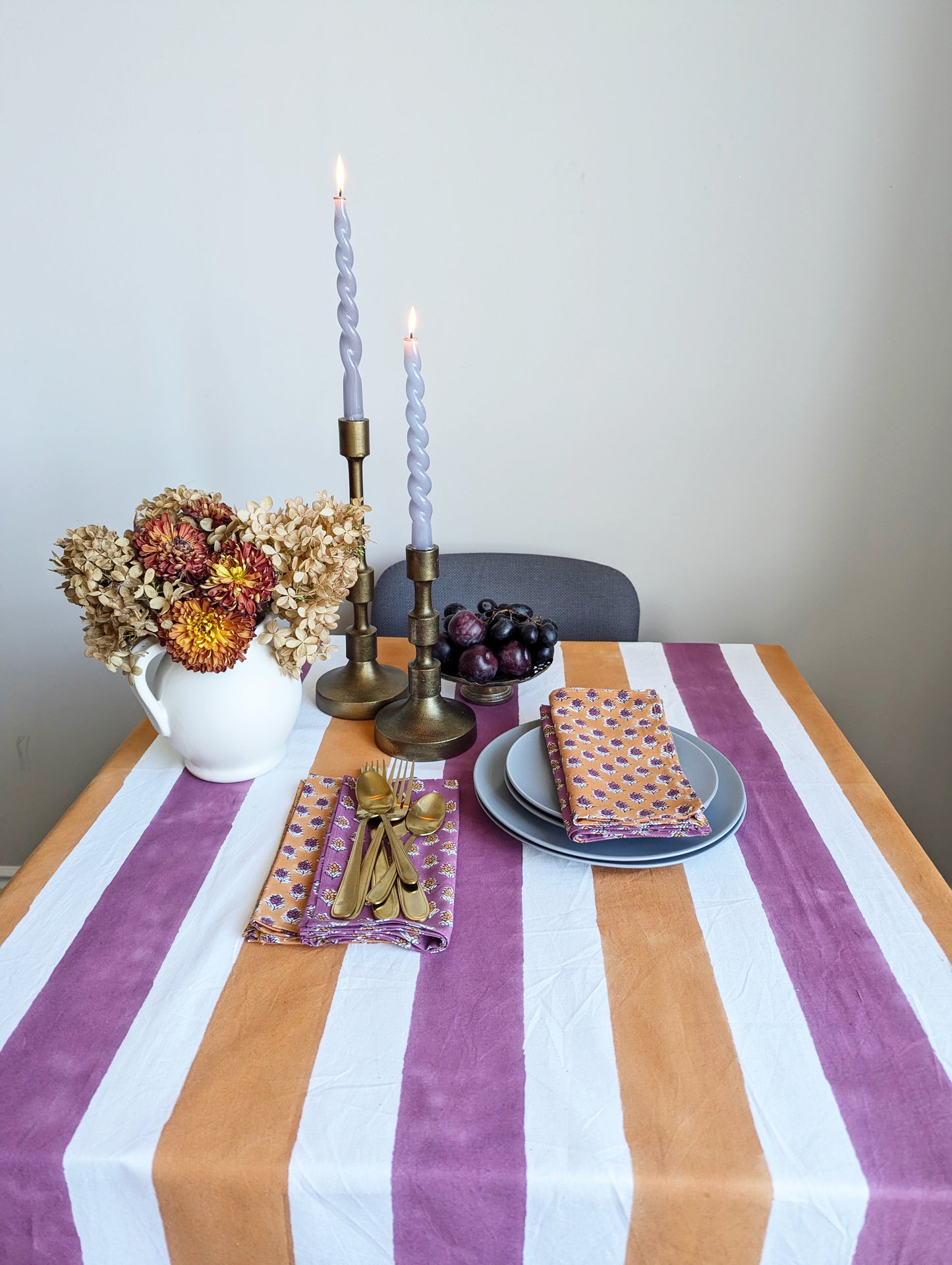 Plum and Orange Striped Table Cloth and Napkin Set
