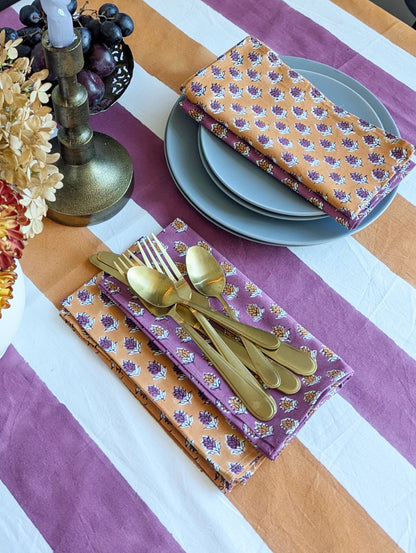 Plum and Orange Striped Table Cloth and Napkin Set