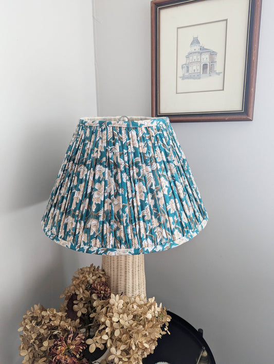 Teal Blue Green Floral Blockprint Pleated Empire Lamp Shade