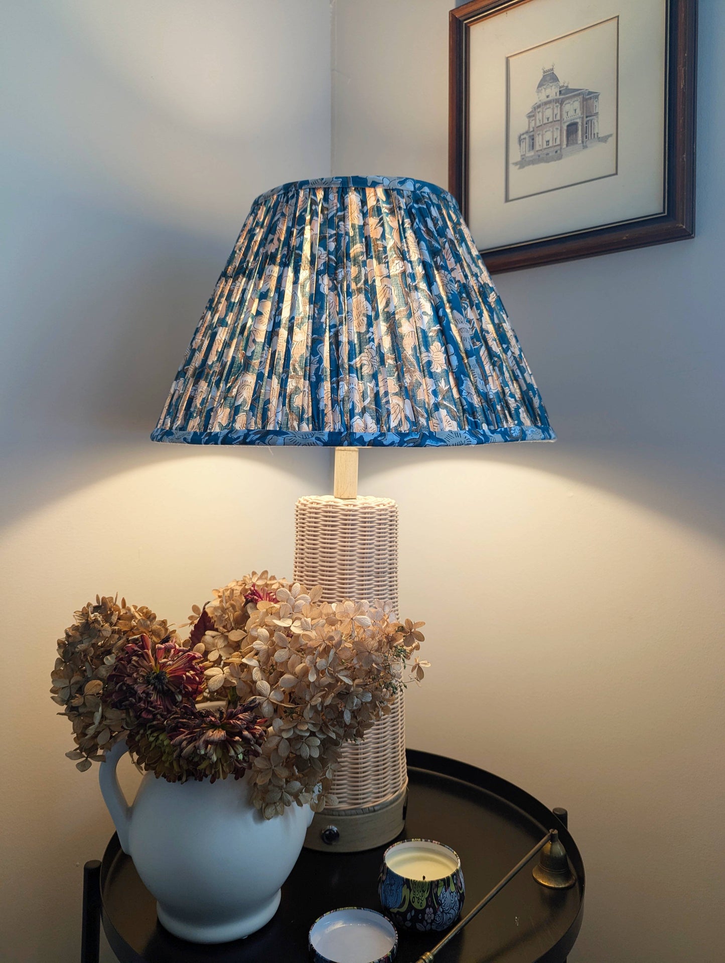 Teal Blue Green Floral Blockprint Pleated Empire Lamp Shade