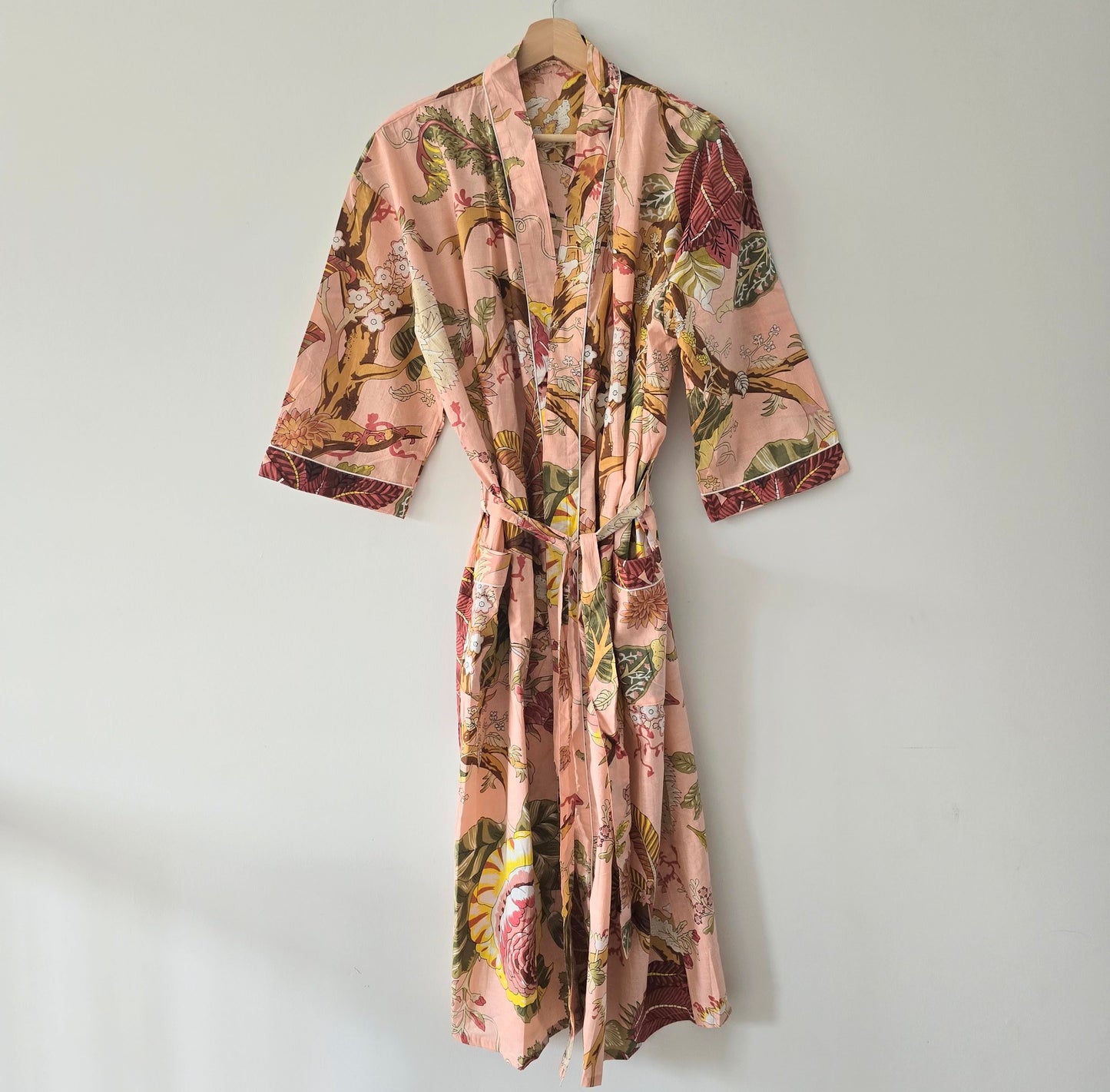 Cotton Robe - Peach with Botanical Print