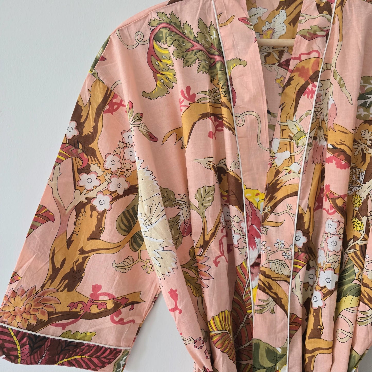 Cotton Robe - Peach with Botanical Print