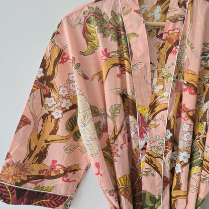 Cotton Robe - Peach with Botanical Print