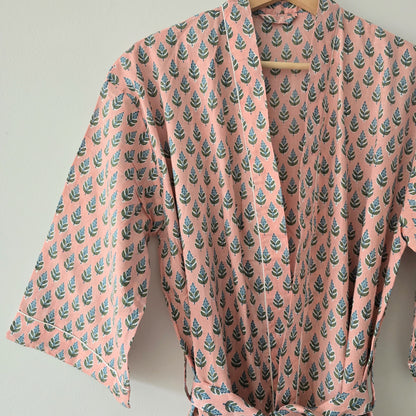Cotton Robe - Blush Pink with Sage Green Floral Print